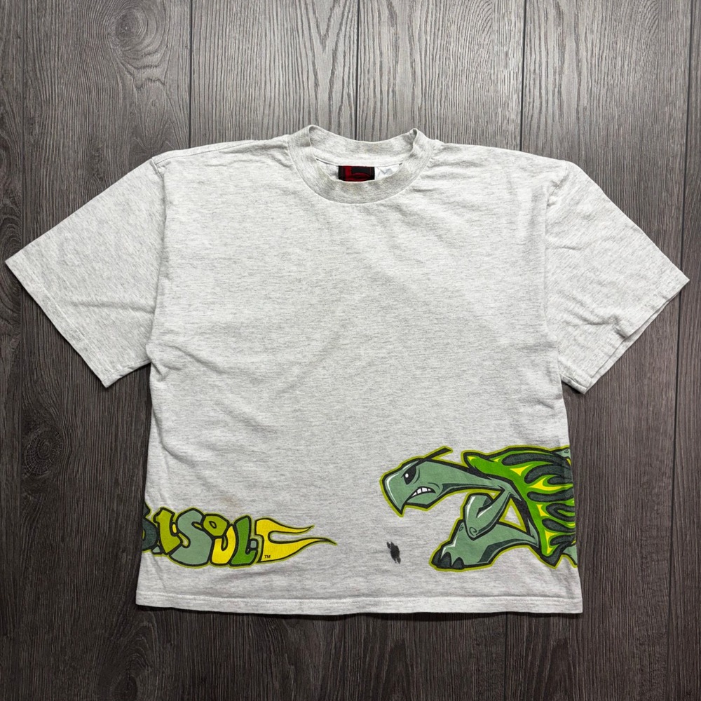 Vintage One Soul Kids T Shirt Gray Turtle Flame Graphic Tee Size L 90s Street